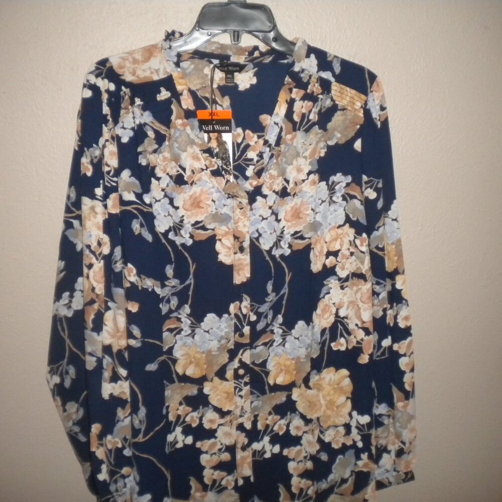 Well Worn Women's Plus Size XXL Navy Floral Long Sleeve Blouse Top NWT